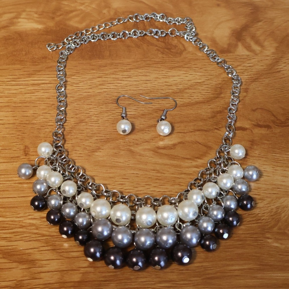 Faux Pearl Bib‎ Necklace Earring Set Womens Silver Tone Whimsigoth Party Office